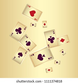 Playing cards falling on gold background. Vector illustration.