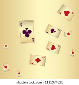 Playing cards falling on gold background. Vector illustration.