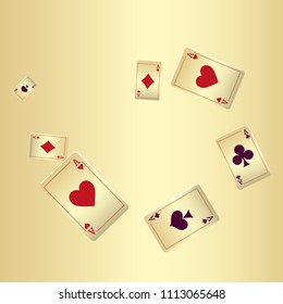 Playing cards falling on gold background. Vector illustration.