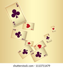 Playing cards falling on gold background. Vector illustration.