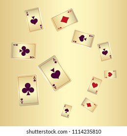 Playing cards falling on gold background. Vector illustration.