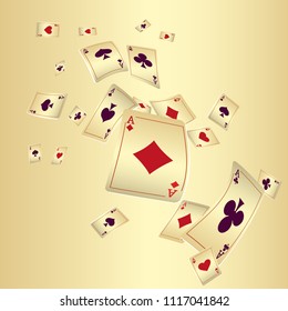 Playing cards falling on gold background. Vector illustration.