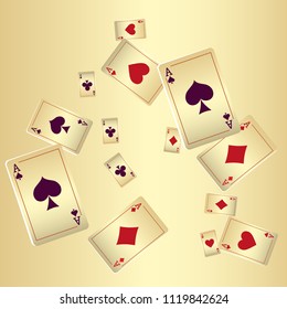 Playing cards falling on gold background. Vector illustration.