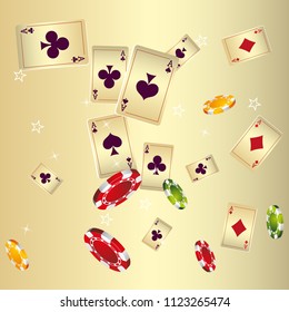 Playing cards falling on gold background. Vector illustration.