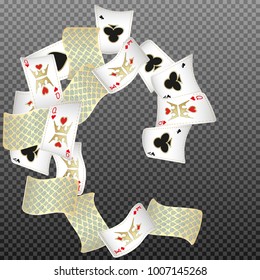 Playing cards falling on transparent background. Vector illustration in vintage style.