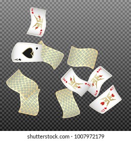 Playing cards falling on transparent background. Vector illustration in vintage style.