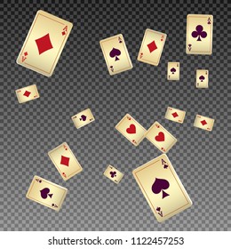 Playing cards falling on transparent background. Vector illustration in vintage style.