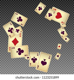 Playing cards falling on transparent background. Vector illustration in vintage style.