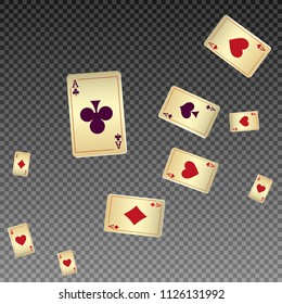 Playing cards falling on transparent background. Vector illustration in vintage style.