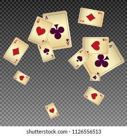 Playing cards falling on transparent background. Vector illustration in vintage style.