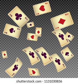 Playing cards falling on transparent background. Vector illustration in vintage style.