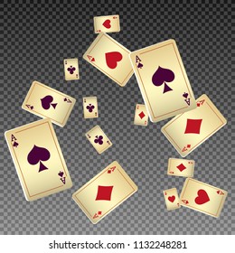 Playing cards falling on transparent background. Vector illustration in vintage style.