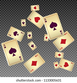 Playing cards falling on transparent background. Vector illustration in vintage style.