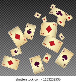 Playing cards falling on transparent background. Vector illustration in vintage style.