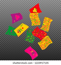 Playing cards falling on transparent background. Vector illustration in vintage style.