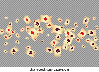 Playing cards falling on transparent background. Vector illustration in vintage style.