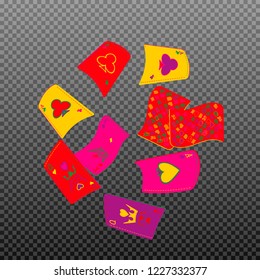 Playing cards falling on transparent background. Vector illustration in vintage style.