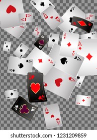 Playing cards falling on transparent background. Vector illustration