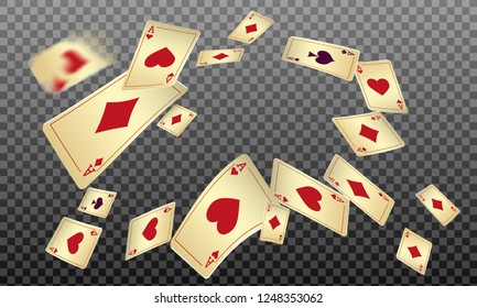 Playing cards falling on transparent background. Vector illustration in vintage style.