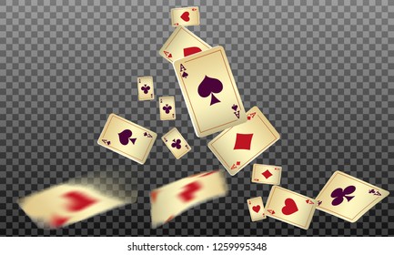 Playing cards falling on transparent background. Vector illustration in vintage style.