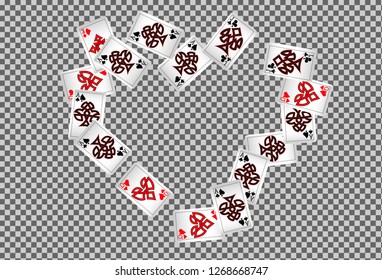 Playing cards falling on transparent background. Vector illustration in celtic style.