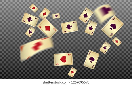 Playing cards falling on transparent background. Vector illustration in vintage style.