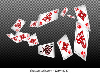 Playing cards falling on transparent background. Vector illustration in celtic style.