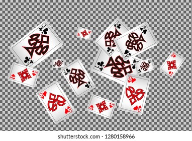 Playing cards falling on transparent background. Vector illustration in vintage style.