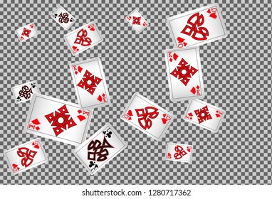 Playing cards falling on transparent background. Vector illustration in vintage style.