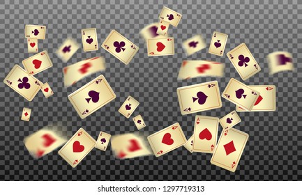 Playing cards falling on transparent background. Vector illustration in vintage style.