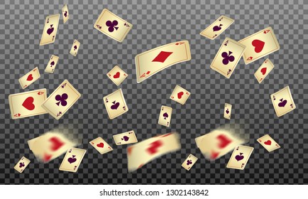 Playing cards falling on transparent background. Vector illustration in vintage style.