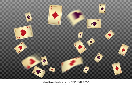 Playing cards falling on transparent background. Vector illustration in vintage style.