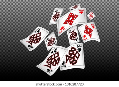 Playing cards falling on transparent background. Vector illustration in vintage style.