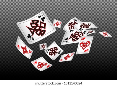 Playing cards falling on transparent background. Vector illustration in vintage style.