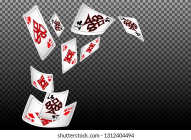 Playing cards falling on transparent background. Vector illustration in vintage style.