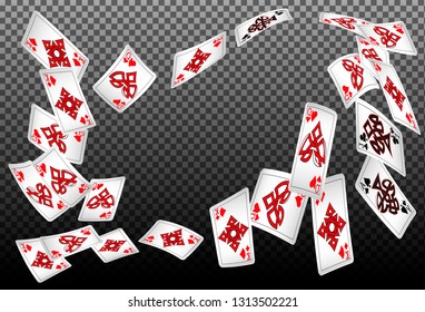 Playing cards falling on transparent background. Vector illustration in vintage style.