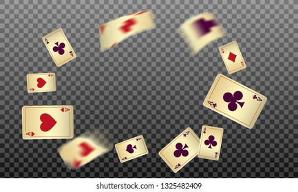 Playing cards falling on transparent background. Vector illustration in vintage style.