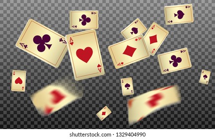 Playing cards falling on transparent background. Vector illustration in vintage style.