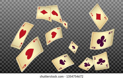 Playing cards falling on transparent background. Vector illustration in vintage style.