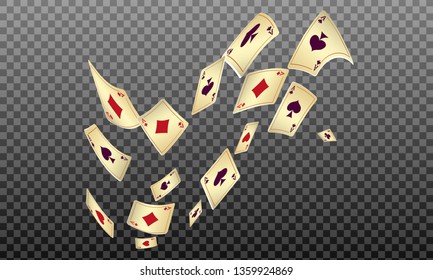 Playing cards falling on transparent background. Vector illustration in vintage style.