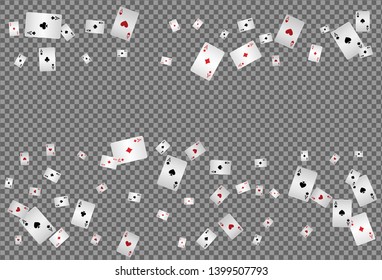 Playing cards falling on transparent background. Pattern for ads of parties, events in Vegas. Vector illustration