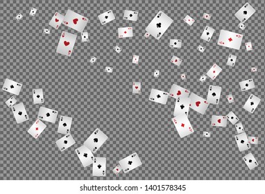 Playing cards falling on transparent background. Pattern for ads of parties, events in Vegas. Vector illustration