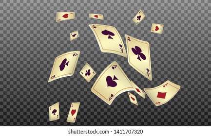 Playing cards falling on transparent background. Pattern for ads of parties, events in Vegas. Vector illustration in vintage style.