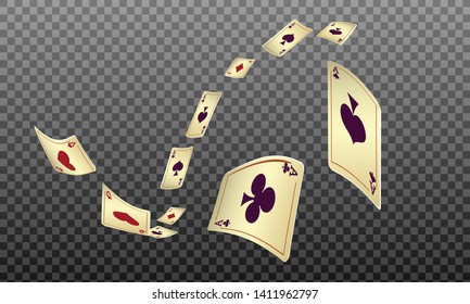 Playing cards falling on transparent background. Pattern for ads of parties, events in Vegas. Vector illustration in vintage style.