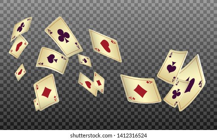 Playing cards falling on transparent background. Pattern for ads of parties, events in Vegas. Vector illustration in vintage style.