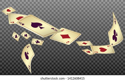 Playing cards falling on transparent background. Pattern for ads of parties, events in Vegas. Vector illustration in vintage style.