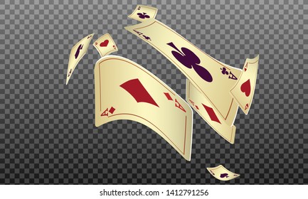 Playing cards falling on transparent background. Pattern for ads of parties, events in Vegas. Vector illustration in vintage style.