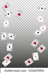 Playing Cards falling on transparent background. Vector illustration. Pattern for ads of parties, events in Vegas.