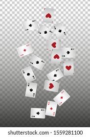 Playing Cards falling on transparent background. Vector illustration. Pattern for ads of parties, events in Vegas.