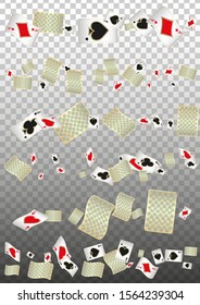 Playing Cards falling on transparent background. Vector illustration. Pattern for ads of parties, events in Vegas.